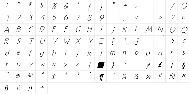 NuevoLitho LightItalic Character Map