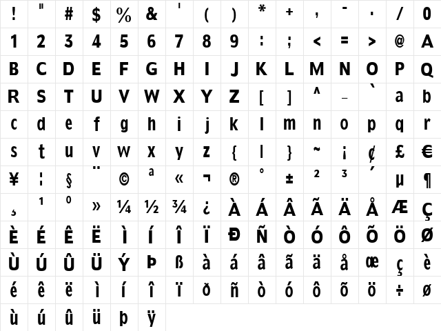 KleinsSansCondBold Regular Character Map KleinsSansCondBold Regular Character Map