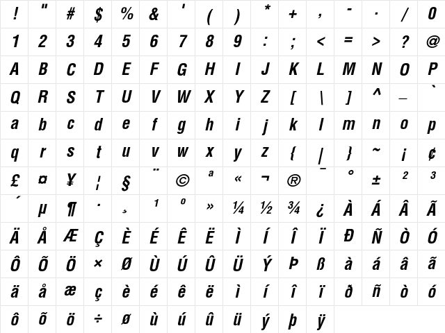 Helvetica Condensed Bold Oblique Character Map