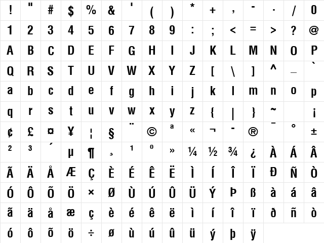 Helvetica Condensed Bold Character Map