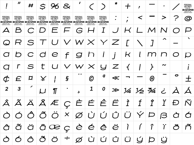Capoon PERSONAL USE Medium Italic Character Map Capoon PERSONAL USE Medium Italic Character Map