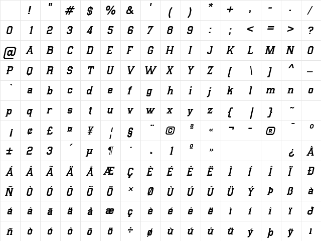College Clean Italic Character Map College Clean Italic Character Map