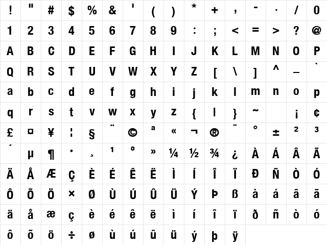 Helvetica Neue Condensed Bold Character Map