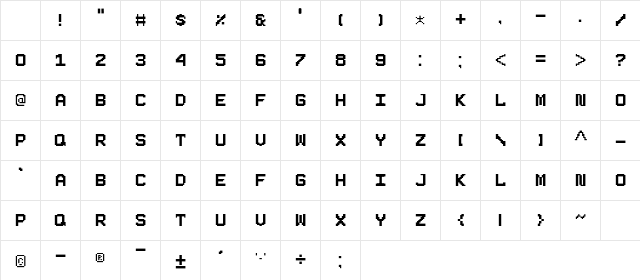 Pixeboy Regular Character Map