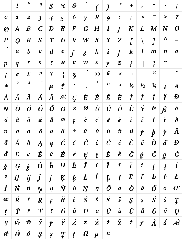 Kingfisher Bold Italic Character Map