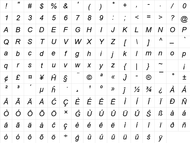 Arial Eo Italic Character Map