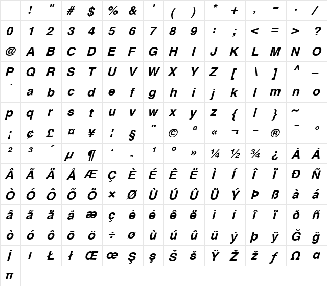 XB Zar Bold Italic Character Map