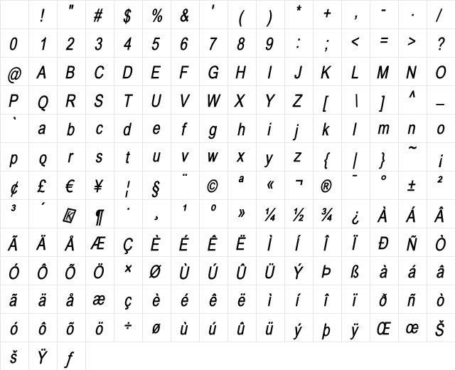 BabelSans Bold Italic Character Map