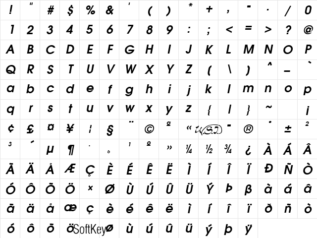 Avian Bold Italic Character Map