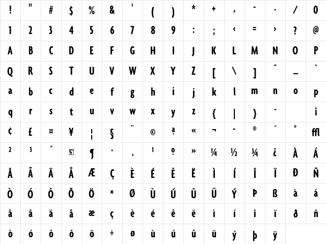 Agenda BoldExtraCondensed Character Map