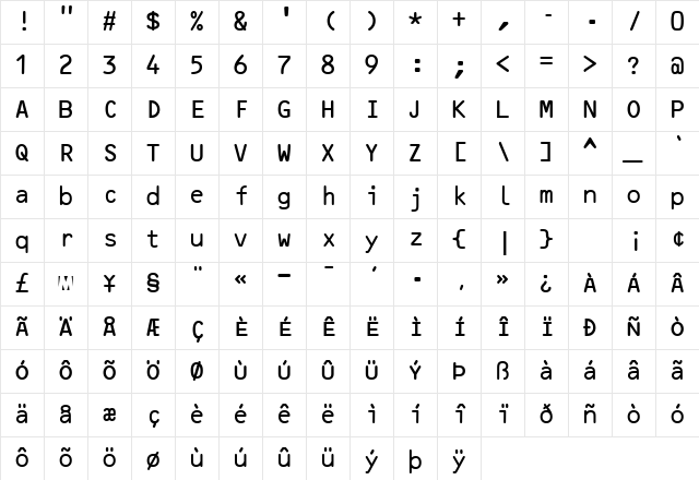 OcrB Regular Character Map