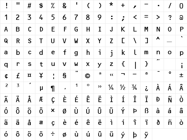 OCRB LT A Regular Character Map