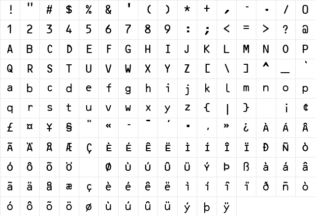 OcrB Regular Character Map
