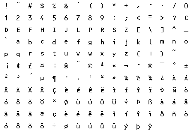 OCRBLetM Regular Character Map