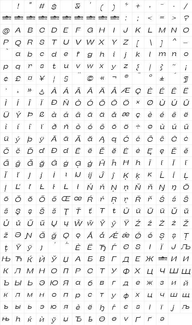 Stinger Wide Trial Light Italic Character Map Stinger Wide Trial Light Italic Character Map