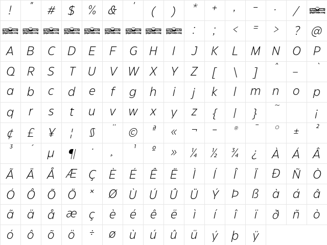 Eastman Grotesque Trial Light Italic Character Map