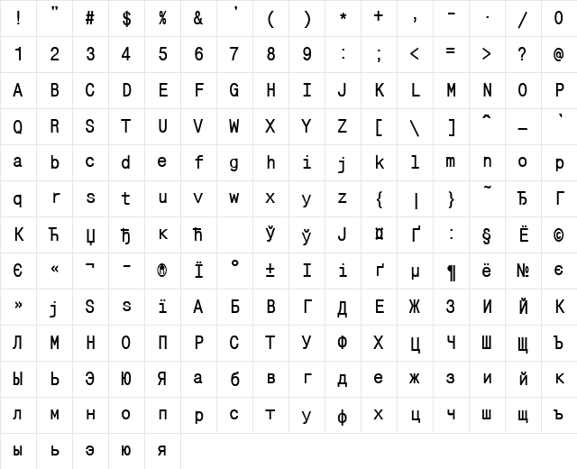 MonoCondensedCTT Bold Character Map MonoCondensedCTT Bold Character Map