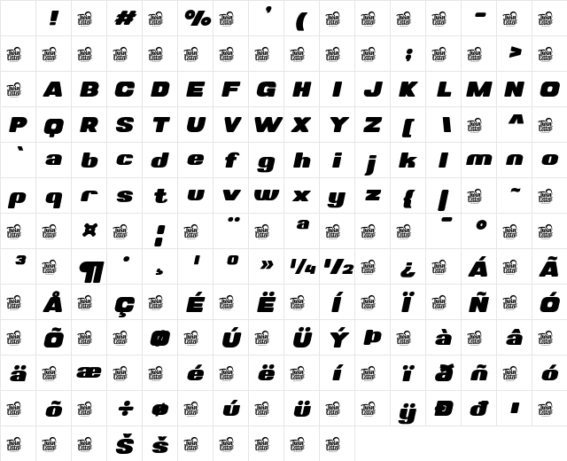 Valonik Black Slant Regular Character Map