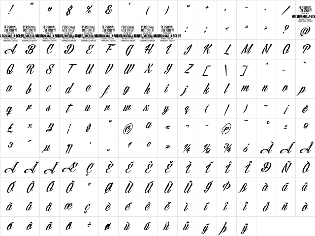 Angilla Script PERSONAL USE Regular Character Map