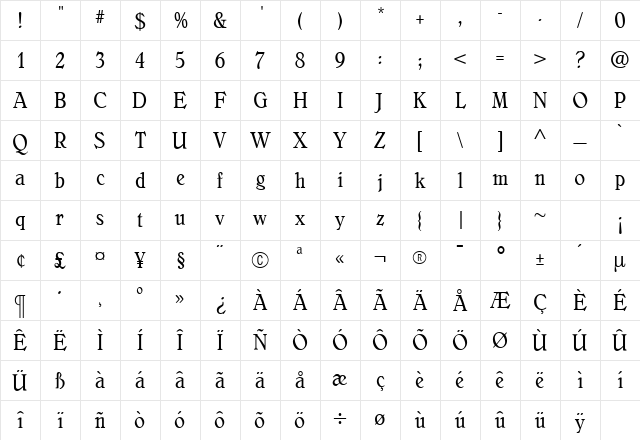 BelliniOriginalCondensed Regular Character Map