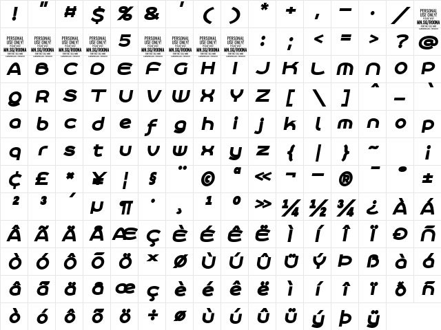 Roona Sans Black PERSONAL Italic Character Map Roona Sans Black PERSONAL Italic Character Map