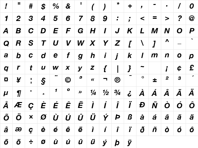 Helvetica Neue Bold Italic Character Map
