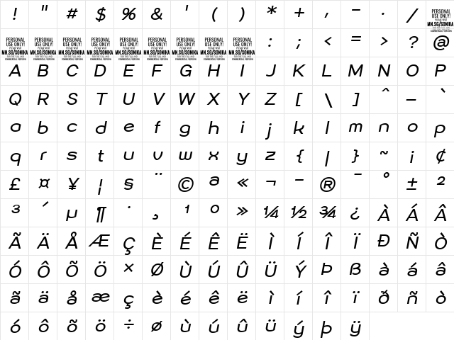 Sonika PERSONAL USE Regular Italic Character Map Sonika PERSONAL USE Regular Italic Character Map