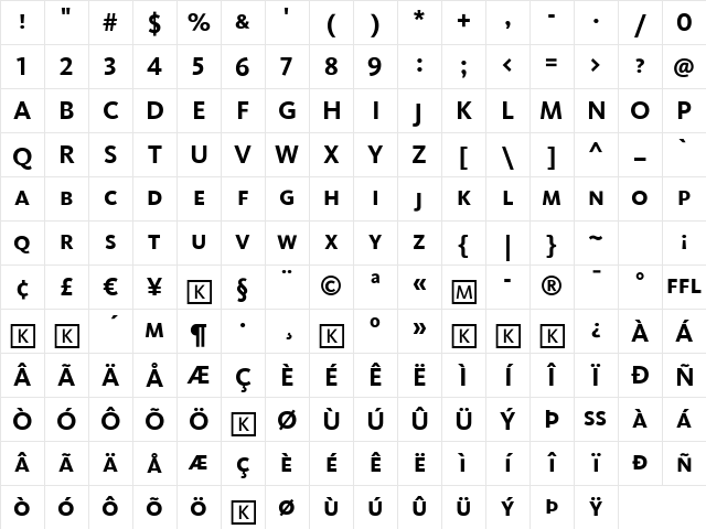 Kievit Bold Character Map