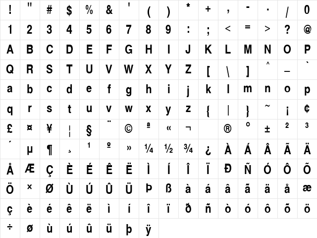 HelveticaCnd-Bold Regular Character Map