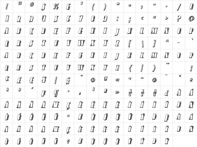 Avondale SC Shaded Italic Character Map