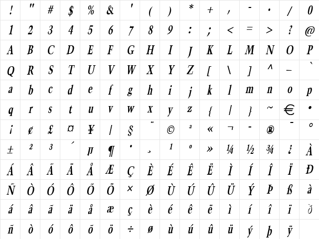 HornCondensed BoldItalic Character Map HornCondensed BoldItalic Character Map