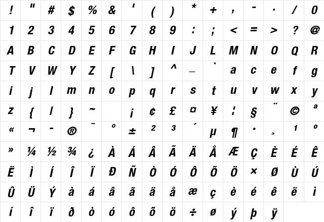 Helvetica Neue LT Pro 77 Bold Condensed Oblique Character Map