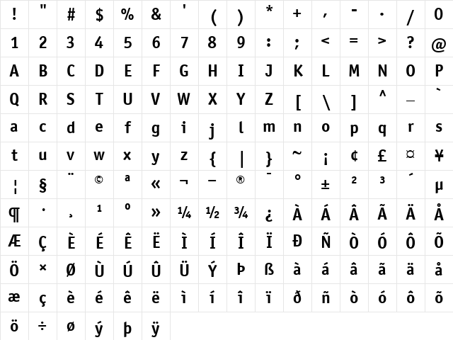 OfficinaSansBold Normal Character Map