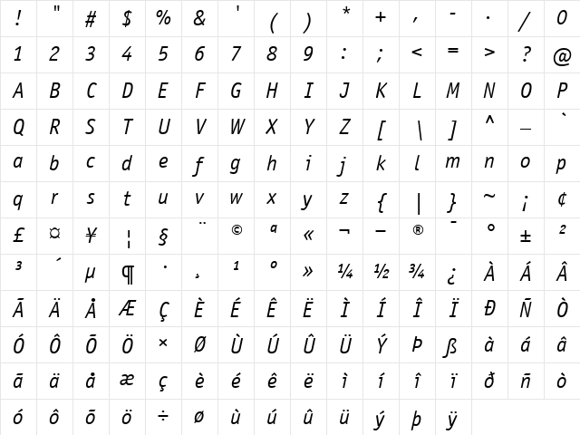 OfficinaSansBook Italic Character Map