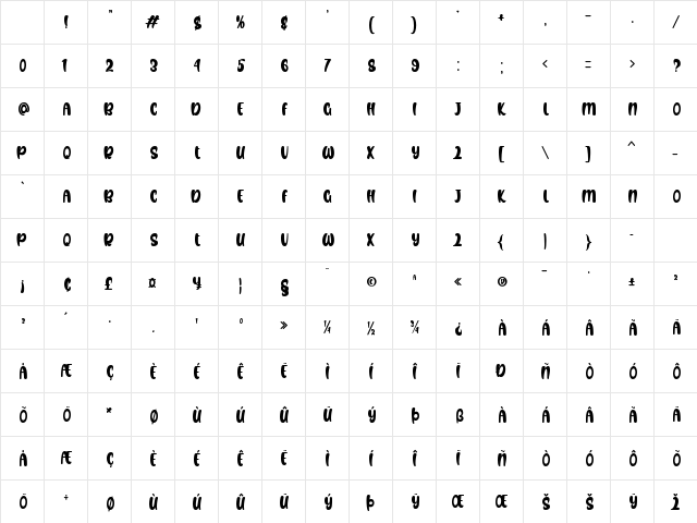 Youth Cow Regular Character Map Youth Cow Regular Character Map