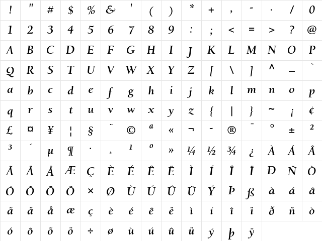Berkeley Oldstyle Bold Italic Character Map