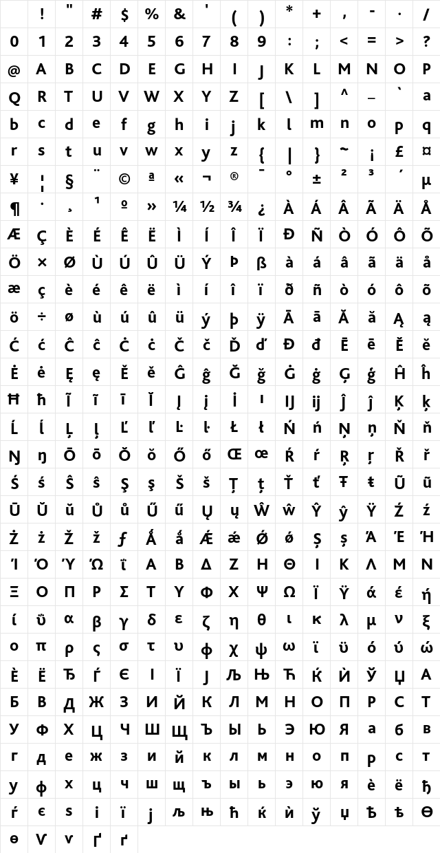 BlissPro Regular Character Map