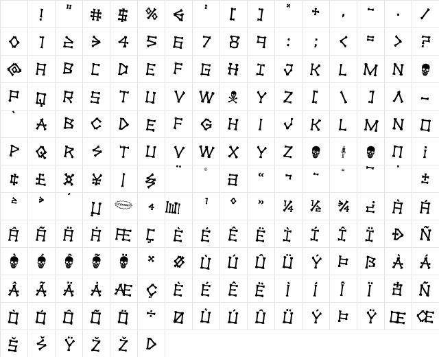 xBONES Rotated 2 Regular Character Map