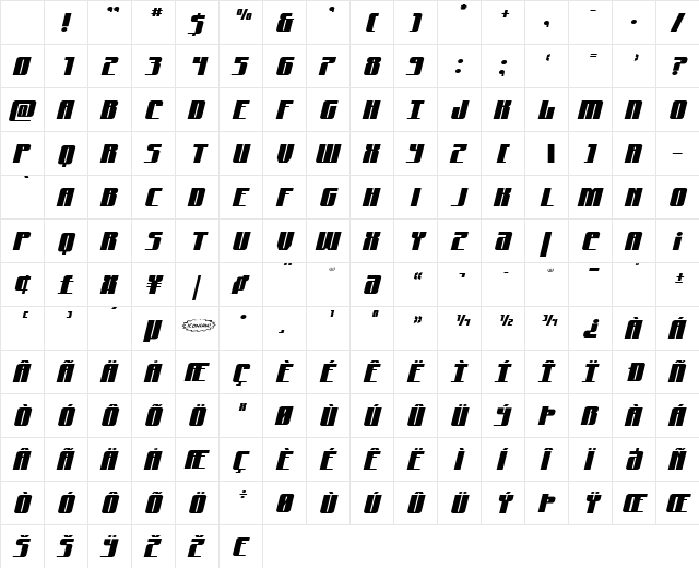 Xeno-Seeker Expanded Italic Regular Character Map