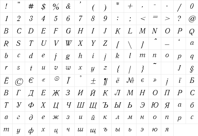 LiteraturnayaC Italic Character Map