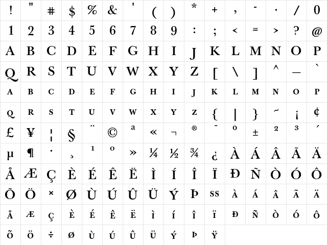 J Baskerville Caps Bold Character Map