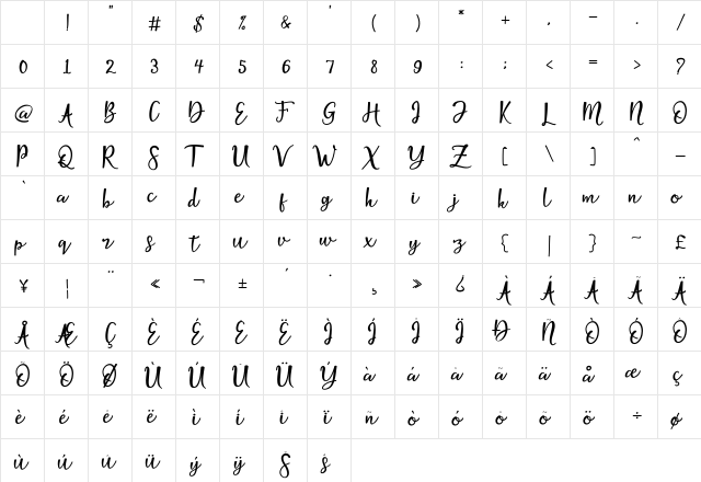 Villaque Script Regular Character Map