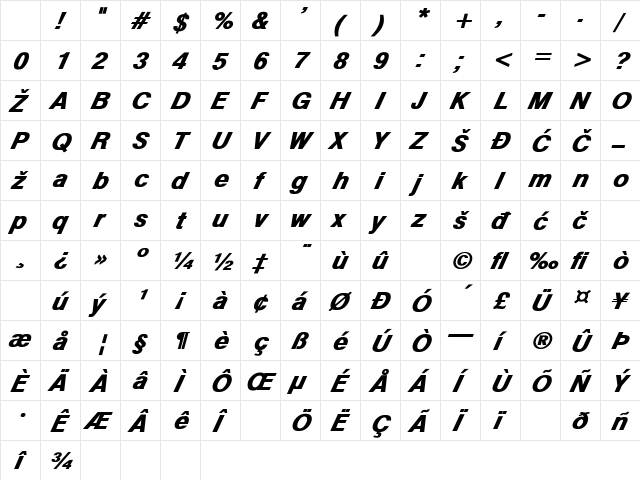 YU L Swiss Bold Italic Character Map YU L Swiss Bold Italic Character Map