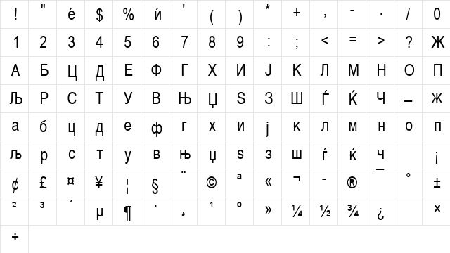 Macedonian Cond 80 Regular Character Map