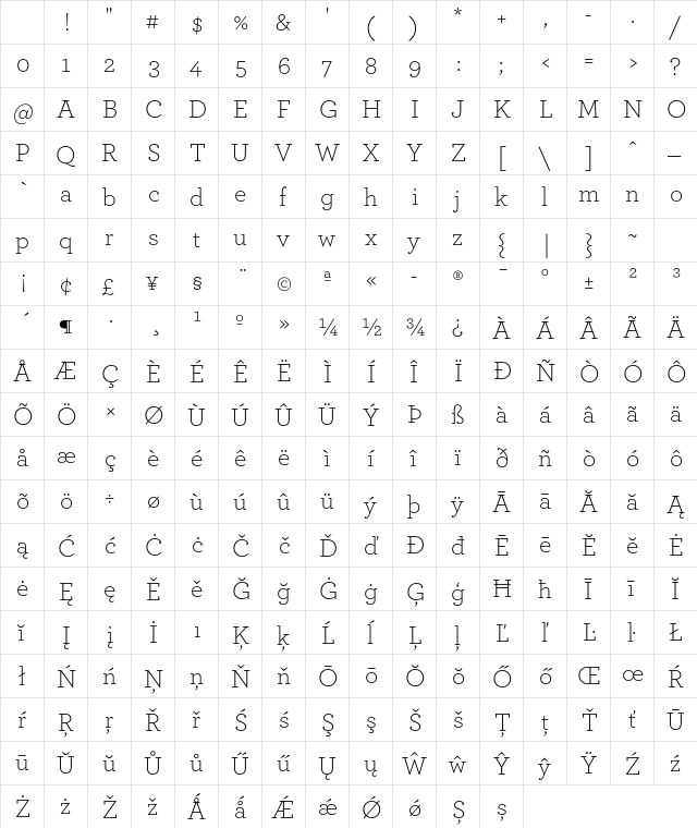 ArcherPro Light Character Map ArcherPro Light Character Map