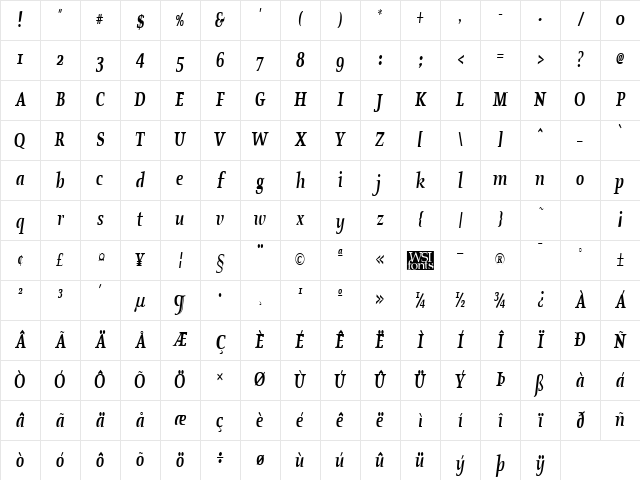 OldstyleCondensed Bold Italic Character Map