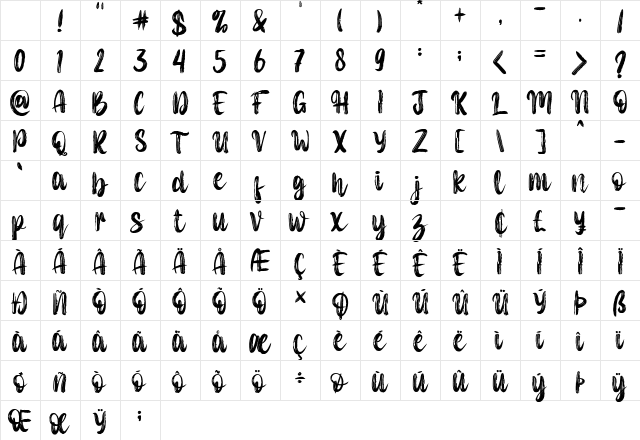 Dancing Brush-Personal use Regular Character Map Dancing Brush-Personal use Regular Character Map