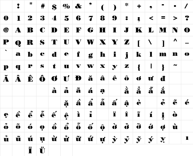 .VnBodoni Regular Character Map