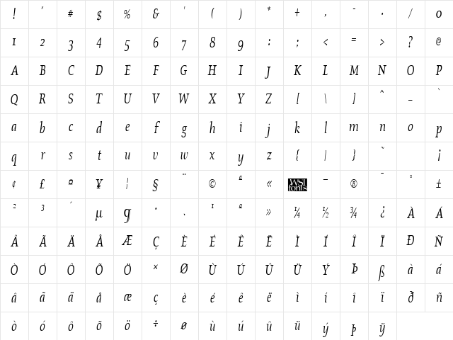 OldstyleCondensed Italic Character Map