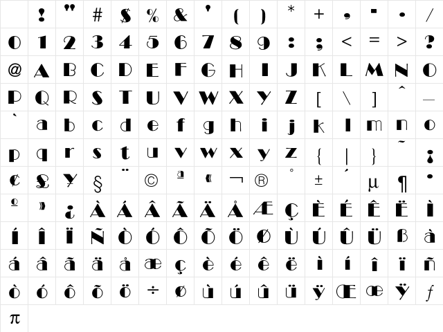 Broadway Medium Character Map